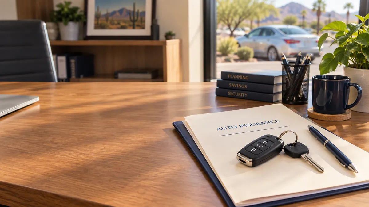 An auto insurance folder and car keys on a desk