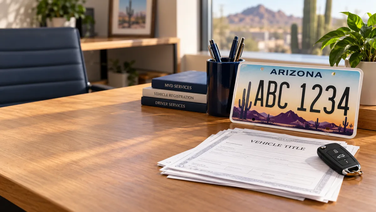An Arizona licence plate and vehicle title paperwork on a desk