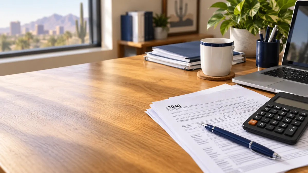 A 1040 tax return, a calculator and a pen on a desk