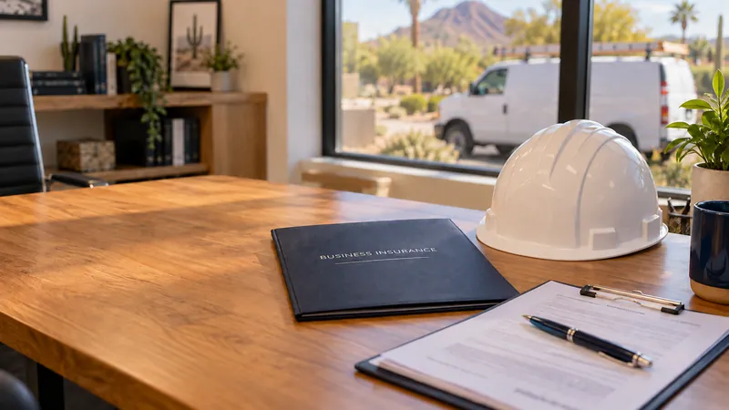 A business insurance folder with a hard hat and a work van