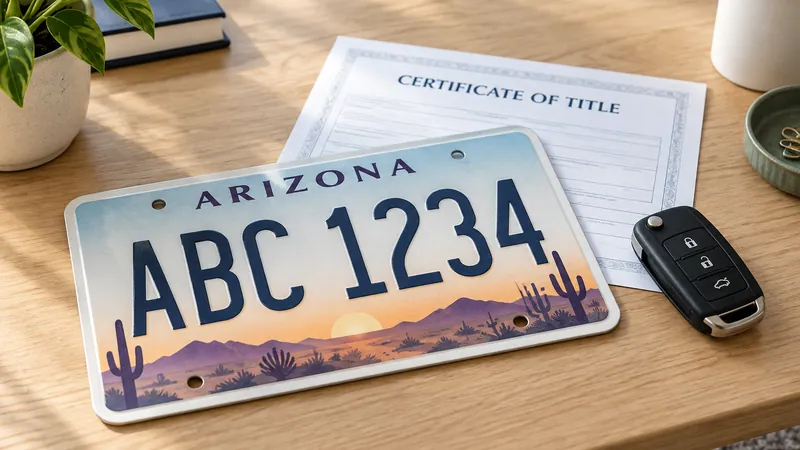 An Arizona licence plate beside a certificate of title and car keys