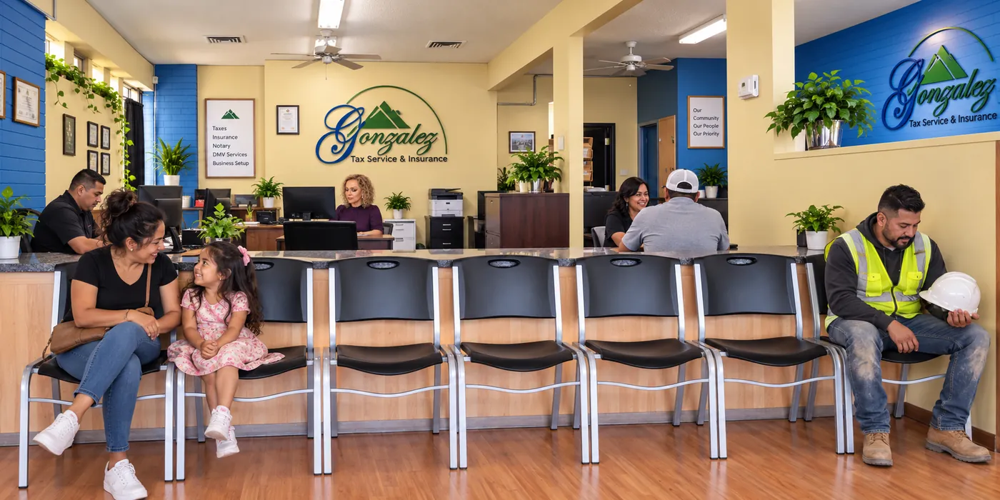El mostrador y la sala de espera de Gonzalez Tax Service & Insurance en la 19th Avenue