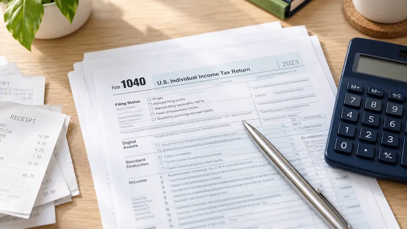 A Form 1040 tax return on a desk with receipts and a calculator